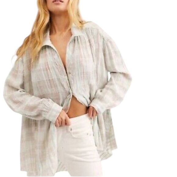 Free People we the free Lela green Plaid Buttondown Metallic Tunic size large - Picture 1 of 8